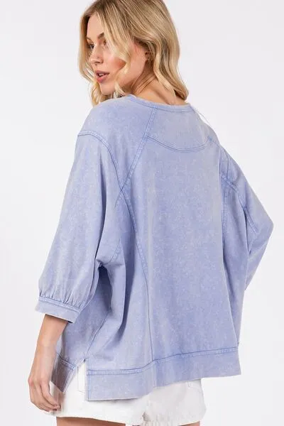 SAGE   FIG Mineral Washed Side Slit Round Neck Sweatshirt