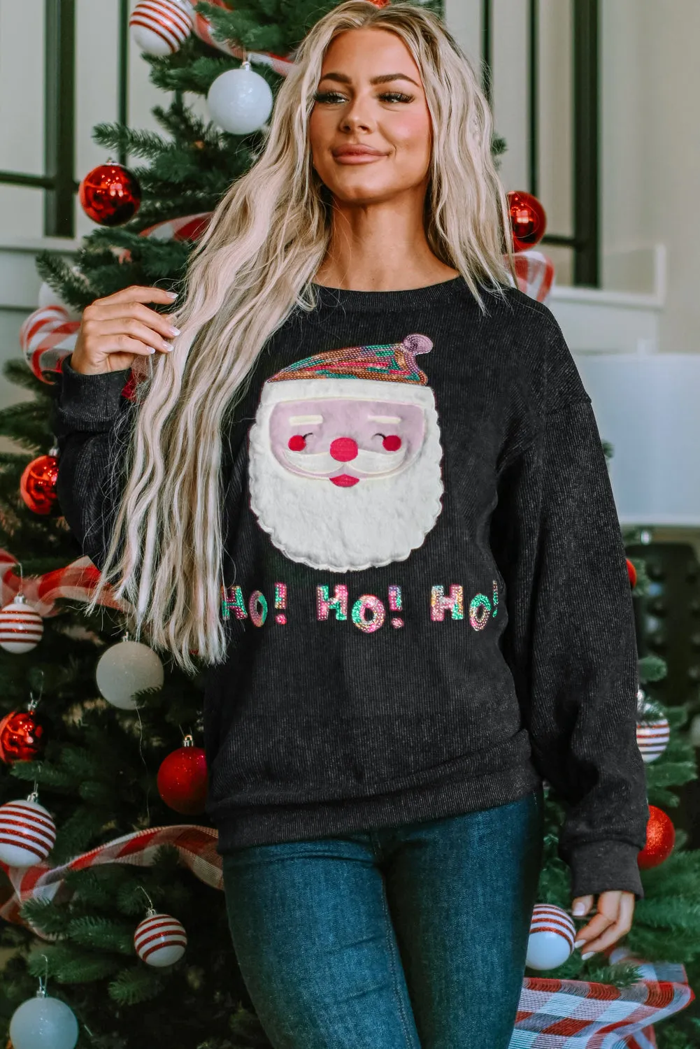 Sequin HO HO HO Santa Claus Graphic Sweatshirt