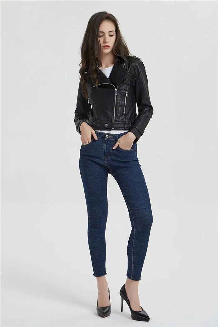 Short Slim Zipper Biker Leather Jacket By TJS