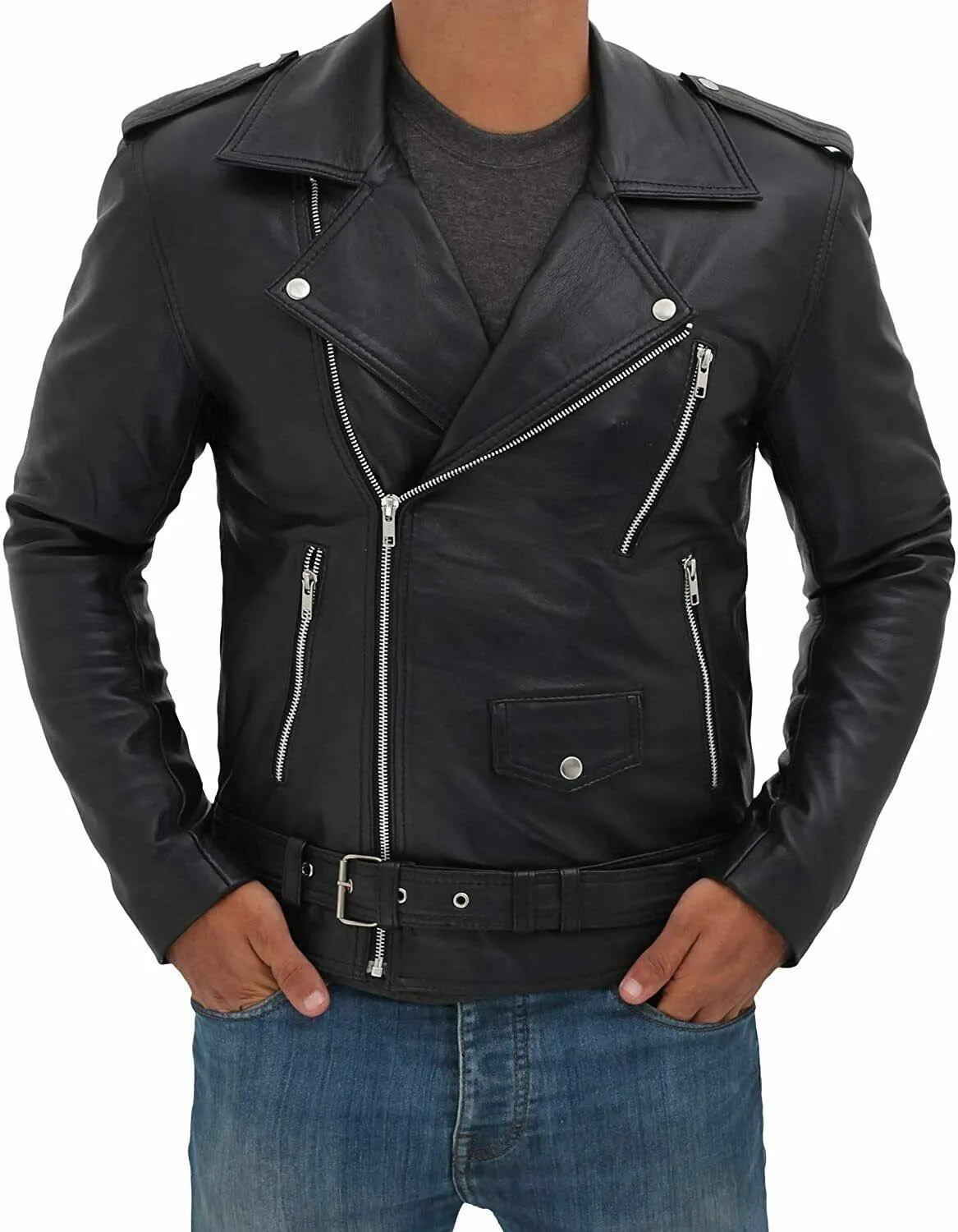 Spine Spark Men's Black Brando Motorbike Leather Jacket