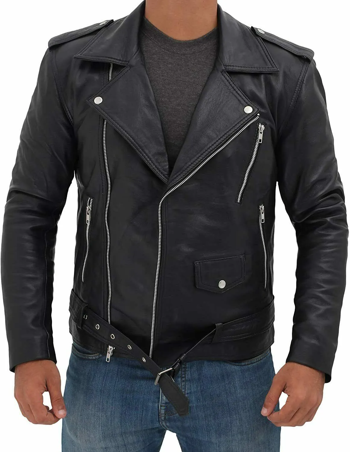 Spine Spark Men's Black Brando Motorbike Leather Jacket