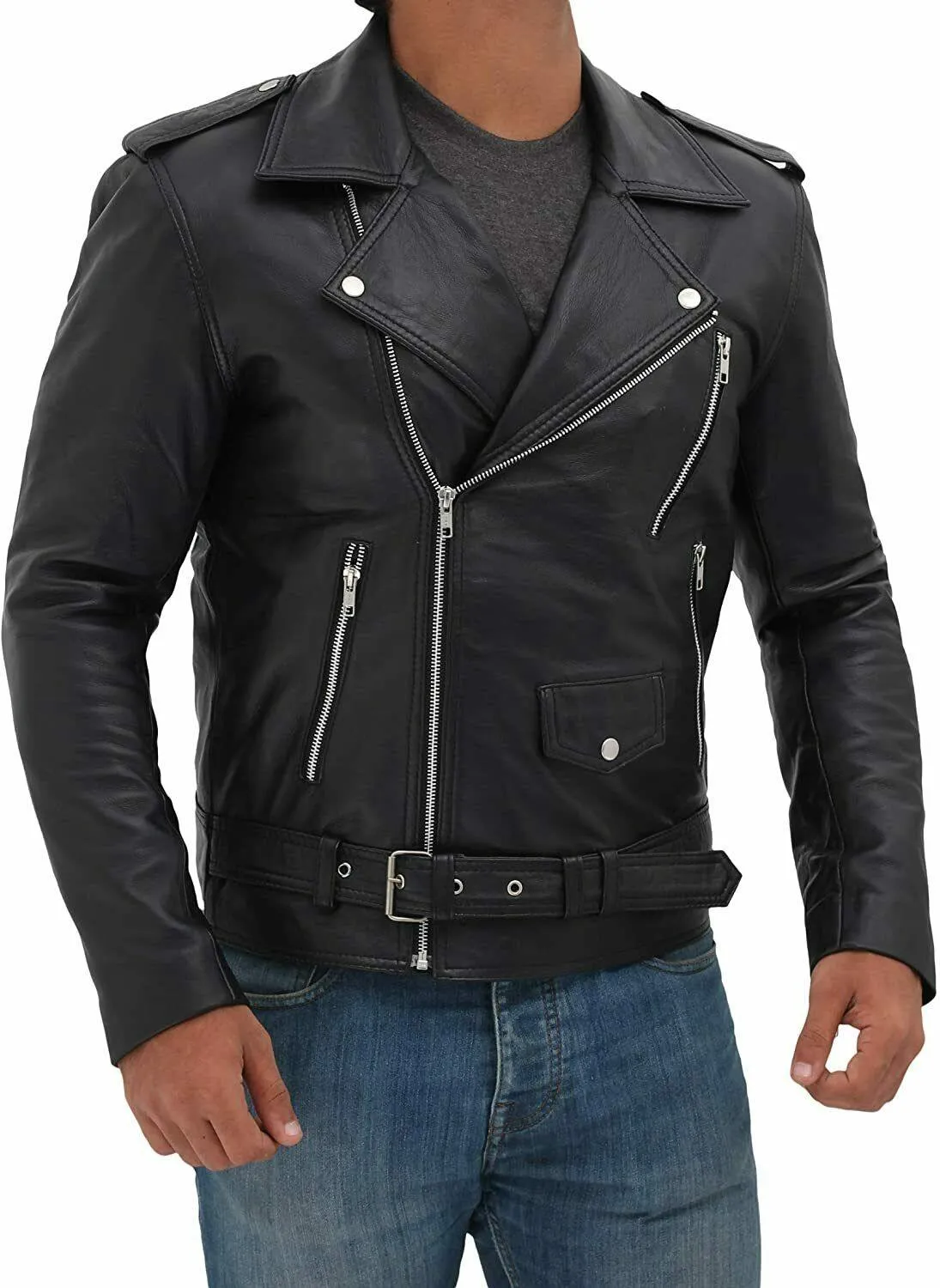 Spine Spark Men's Black Brando Motorbike Leather Jacket