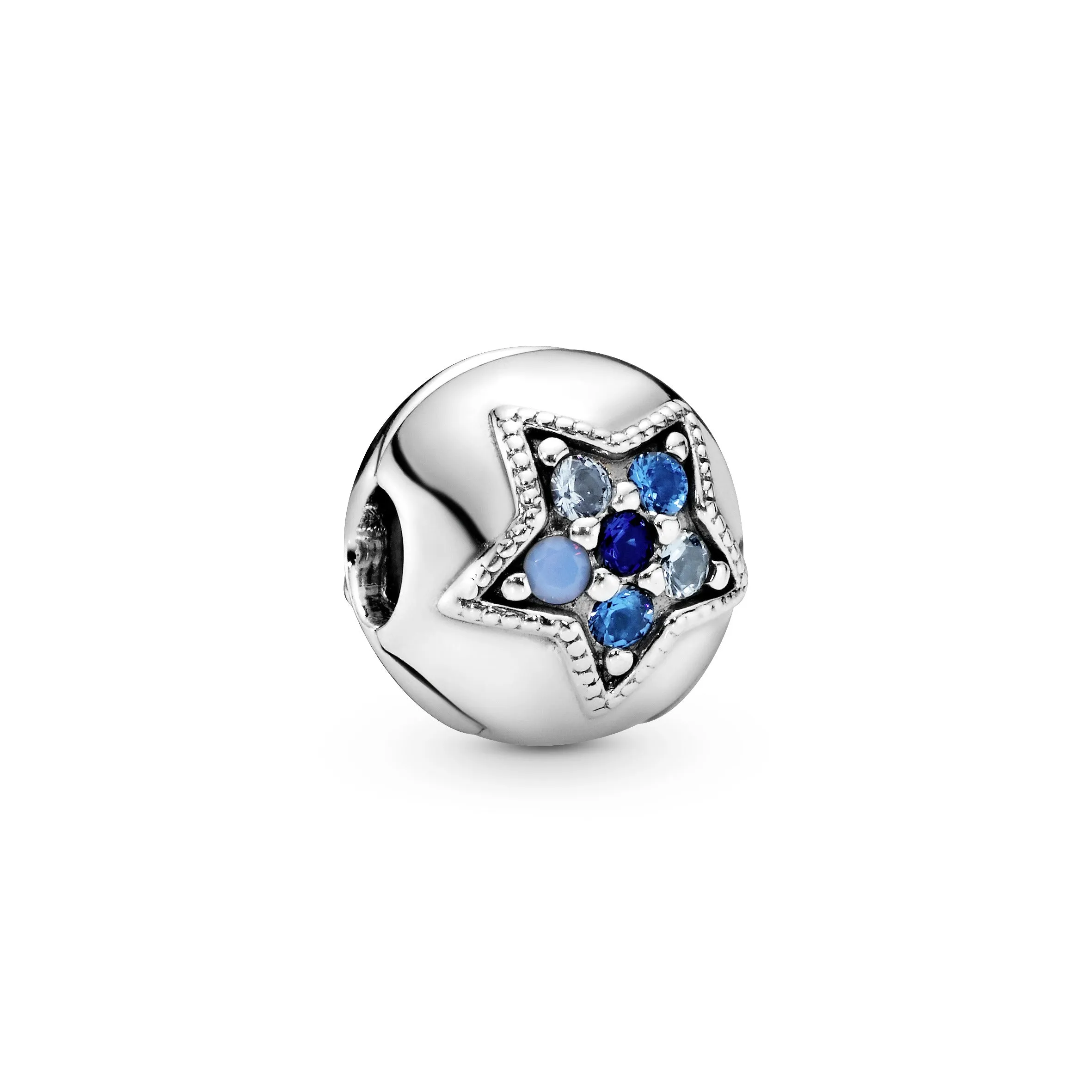 Star silver clip with Swiss blue crystal, opalescent blue crystal, sky blue crystal and royal blue crystal