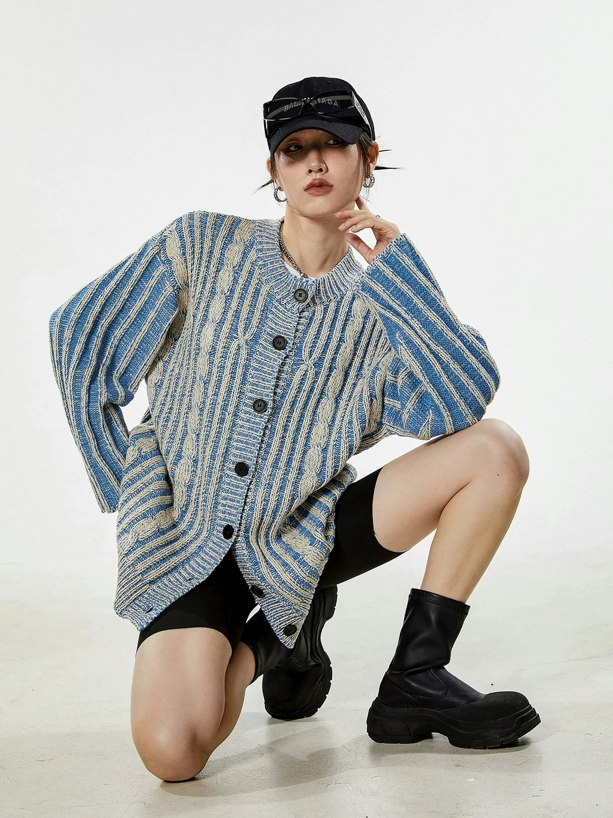 Stripe Cable Knit Pattern Button Cardigan