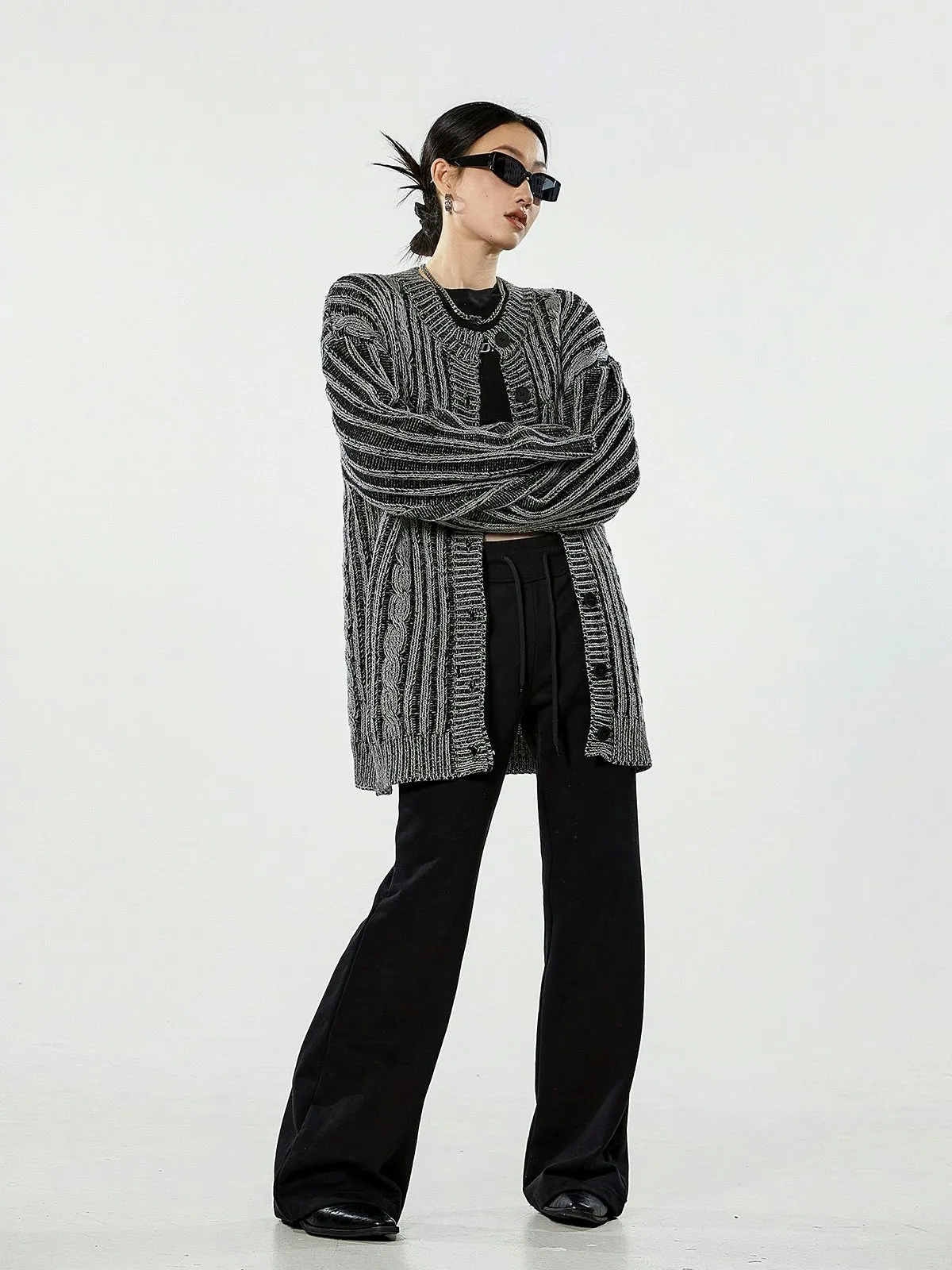 Stripe Cable Knit Pattern Button Cardigan