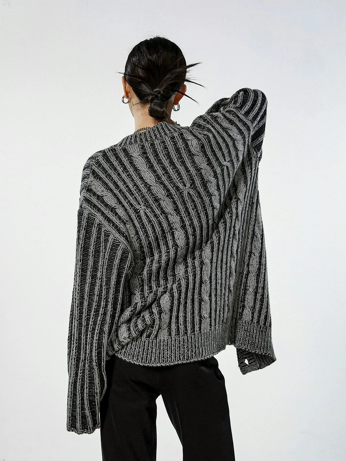 Stripe Cable Knit Pattern Button Cardigan