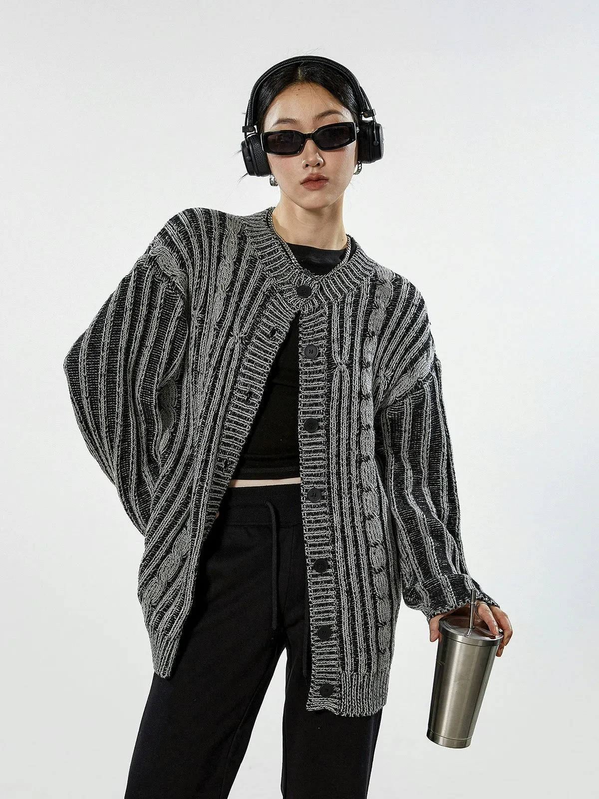 Stripe Cable Knit Pattern Button Cardigan