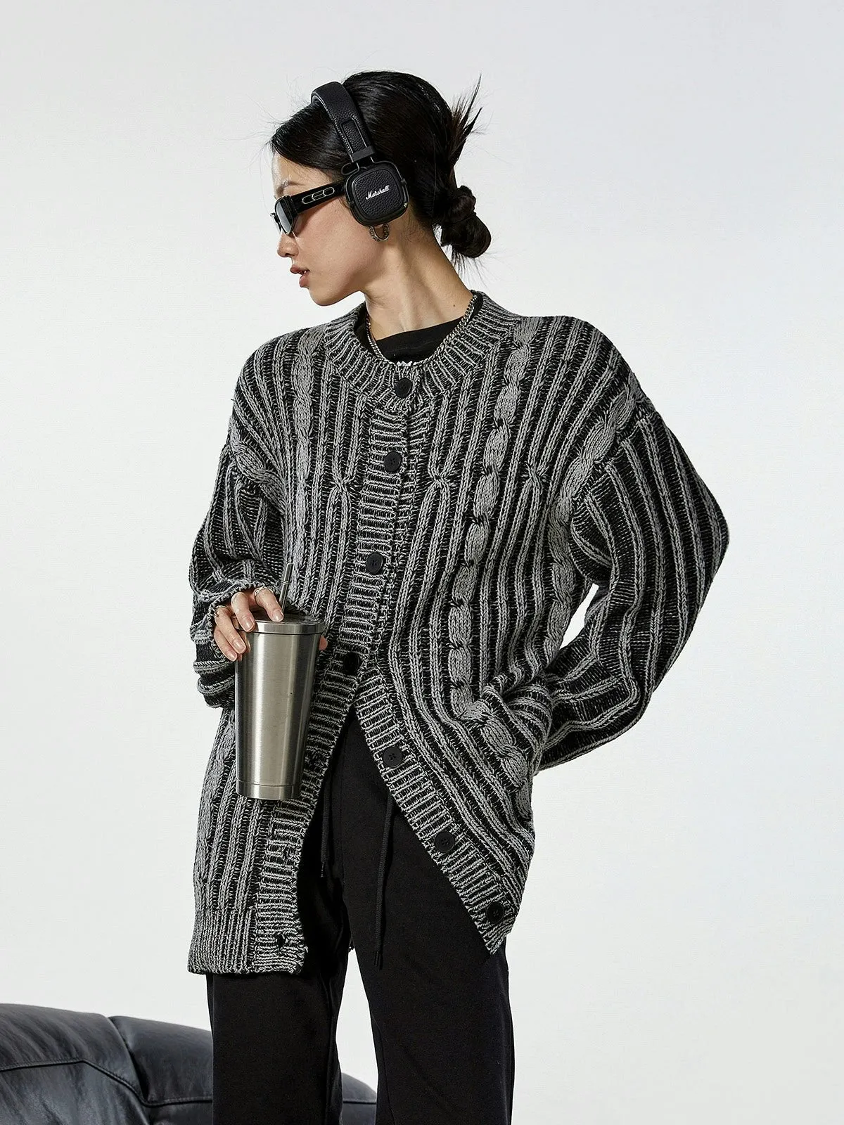 Stripe Cable Knit Pattern Button Cardigan