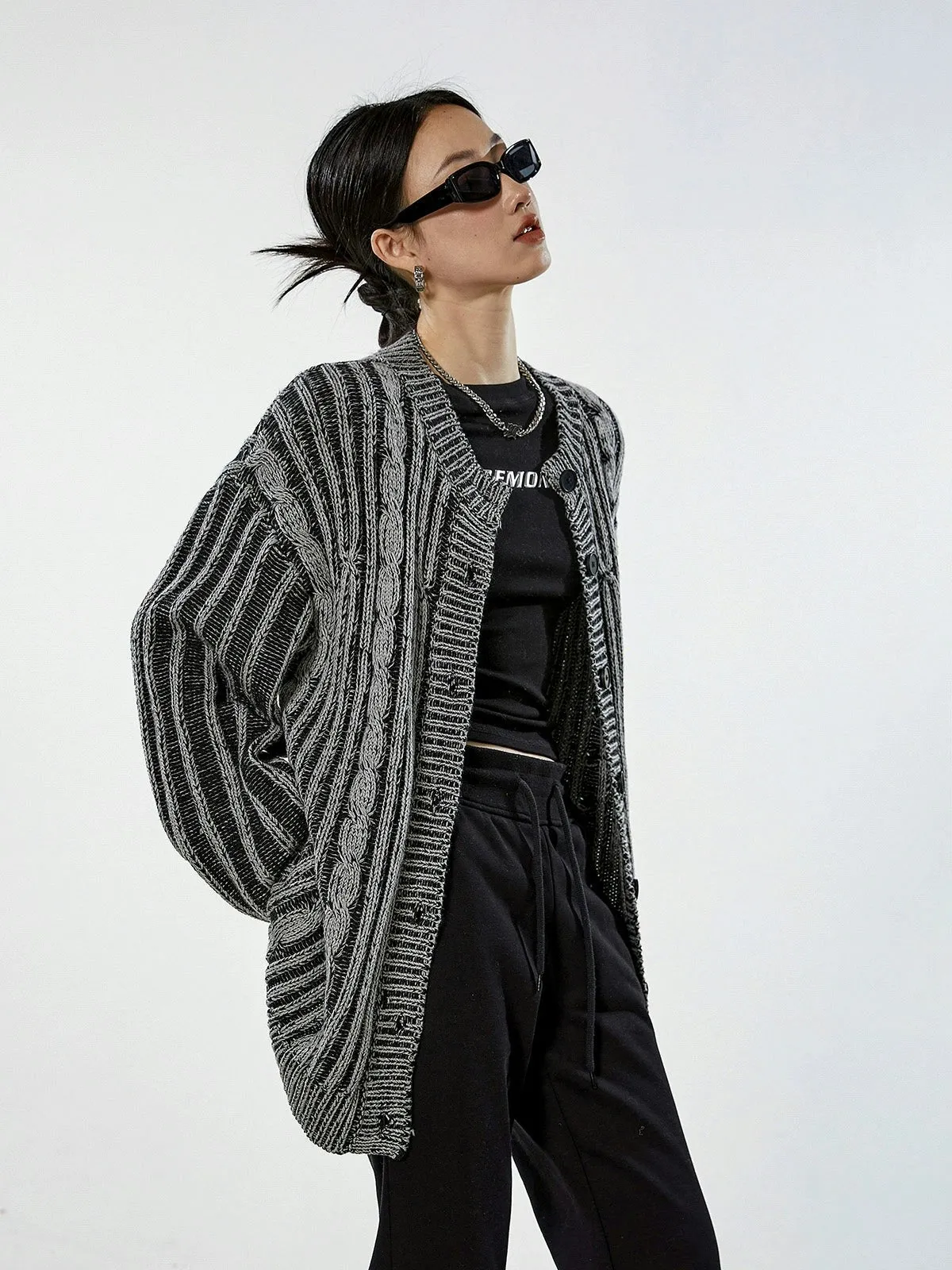 Stripe Cable Knit Pattern Button Cardigan