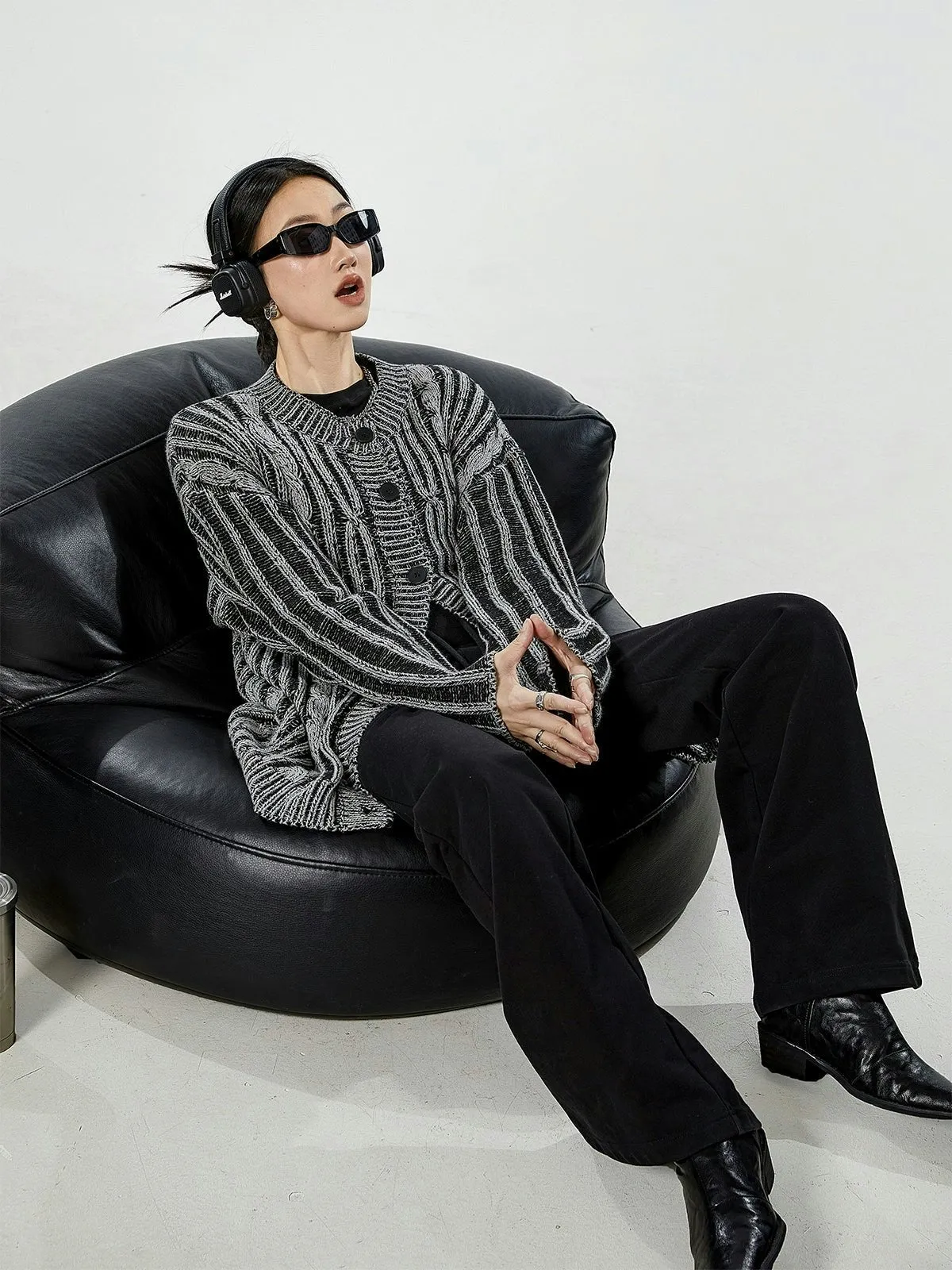 Stripe Cable Knit Pattern Button Cardigan