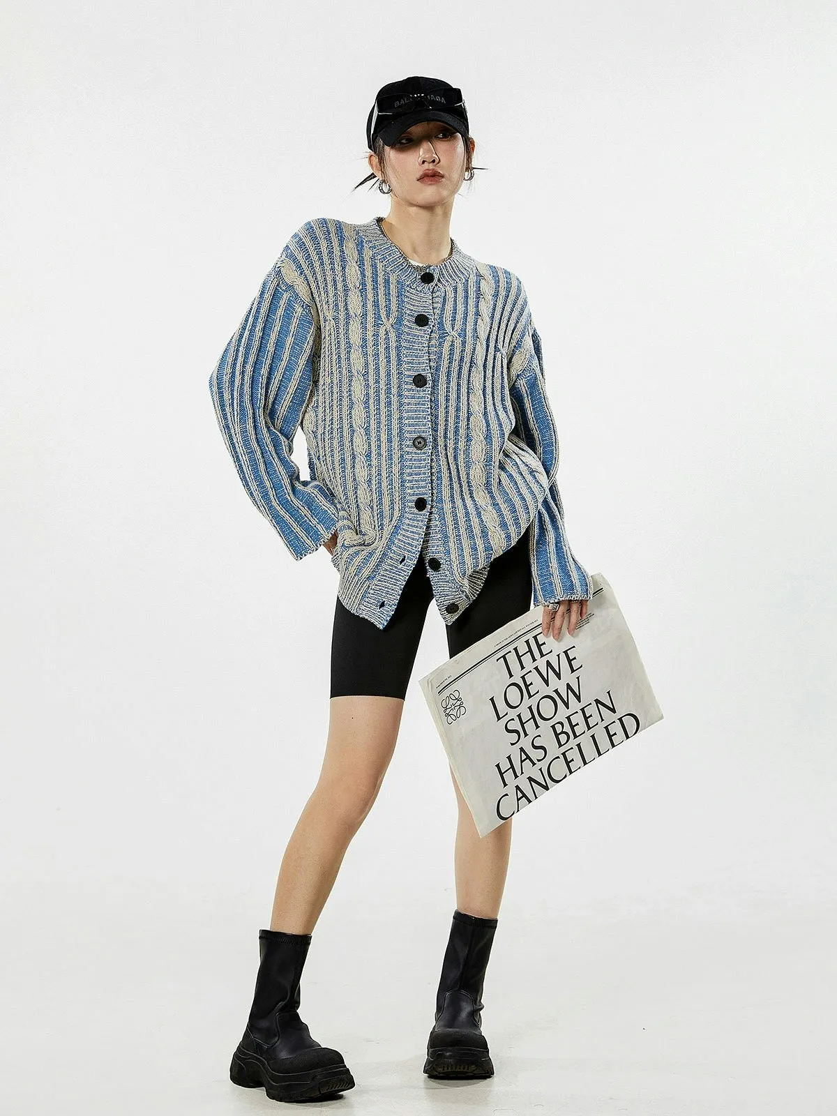 Stripe Cable Knit Pattern Button Cardigan
