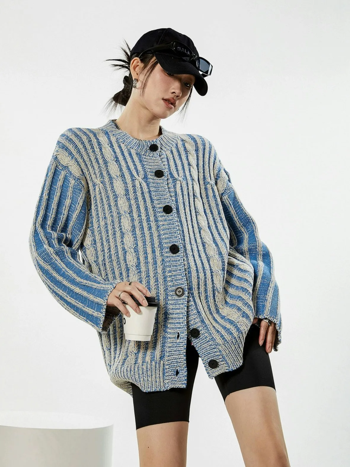Stripe Cable Knit Pattern Button Cardigan