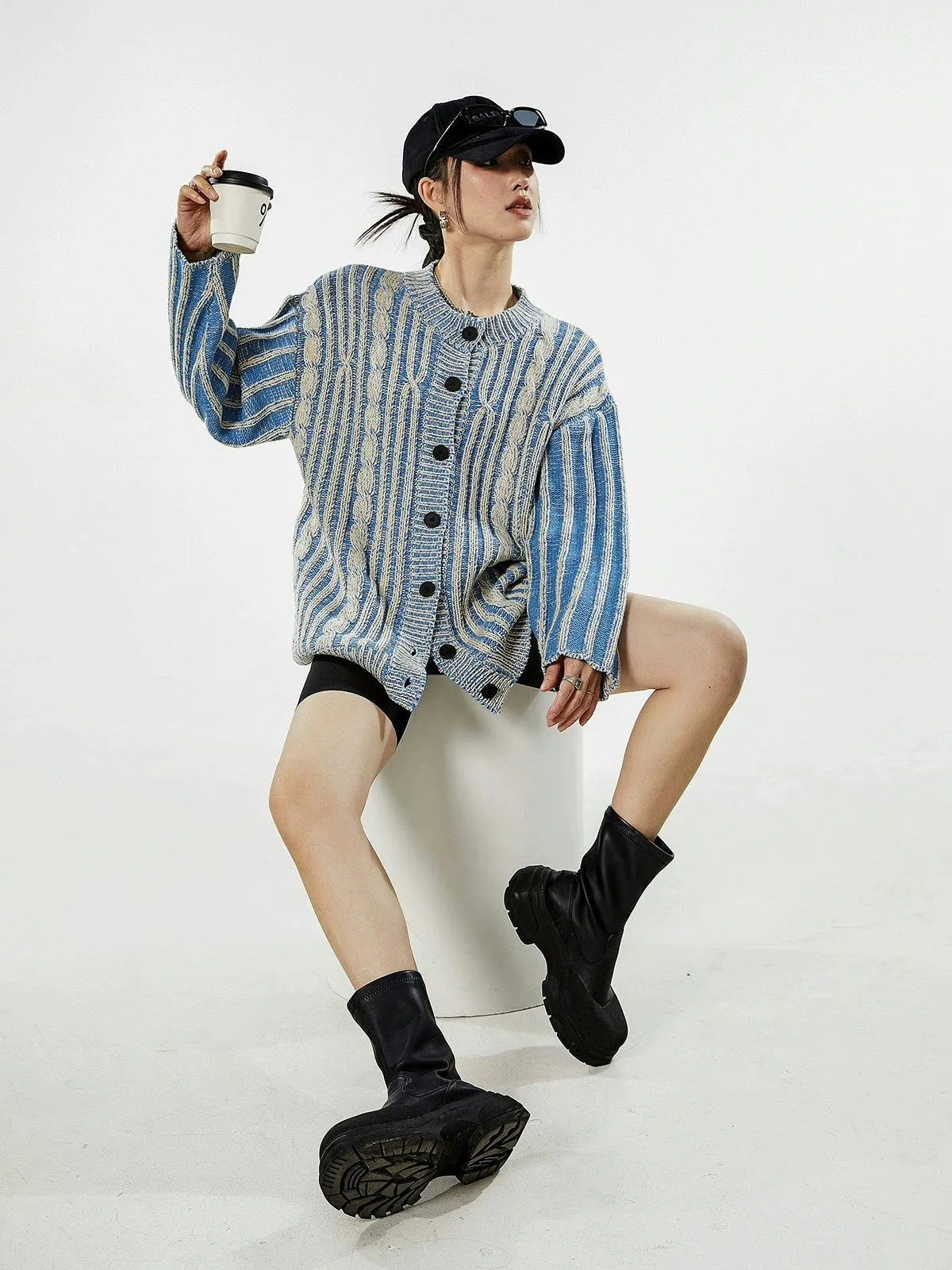 Stripe Cable Knit Pattern Button Cardigan