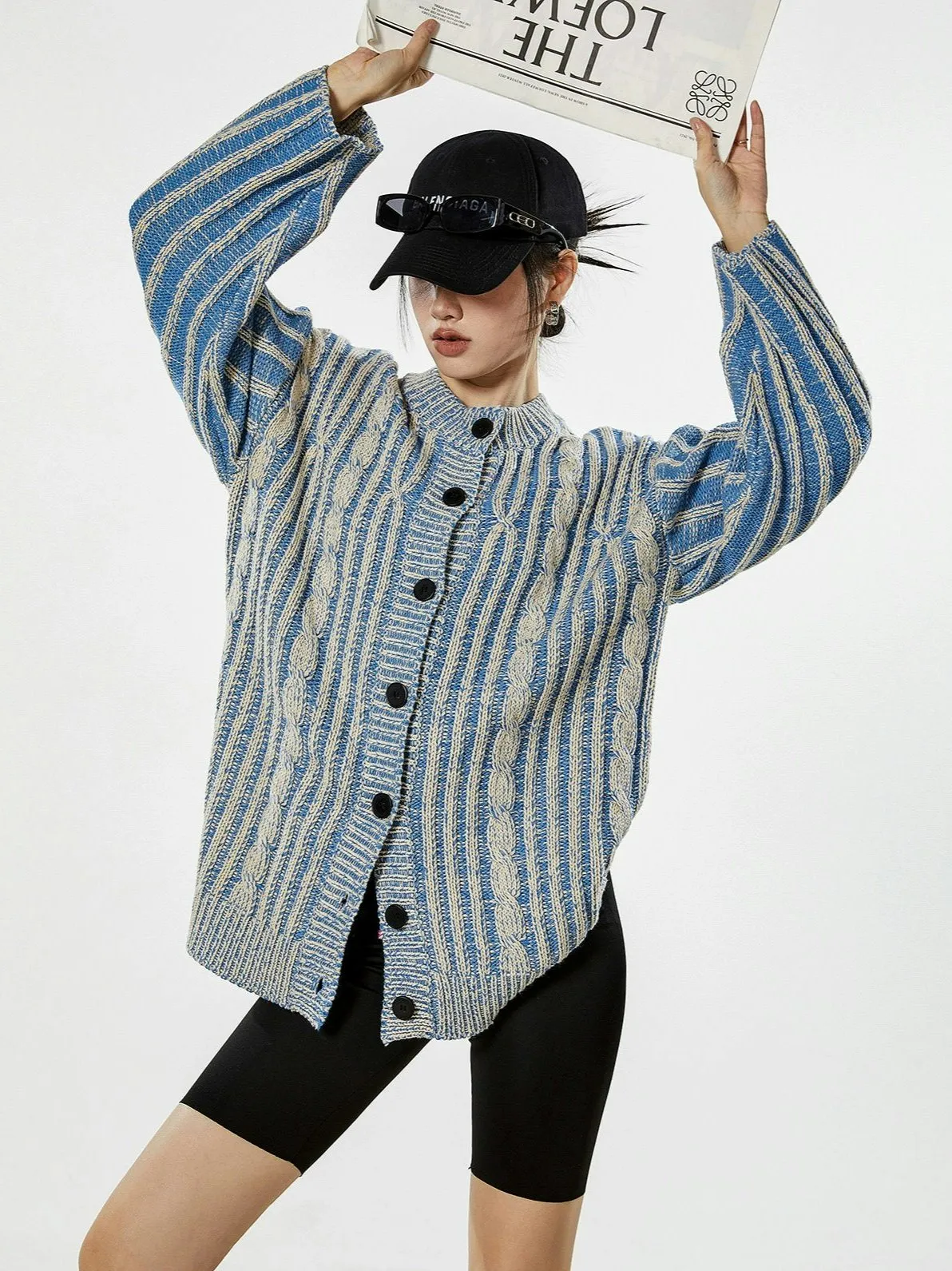 Stripe Cable Knit Pattern Button Cardigan