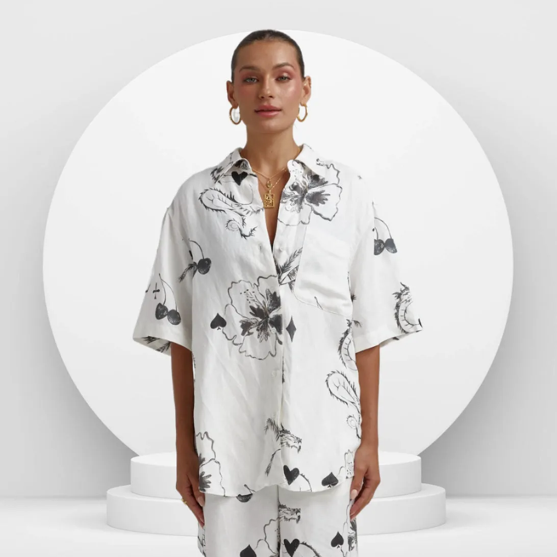 SUMMI SUMMI Womens Big Shirt Linen - Black Dragon Of Hearts