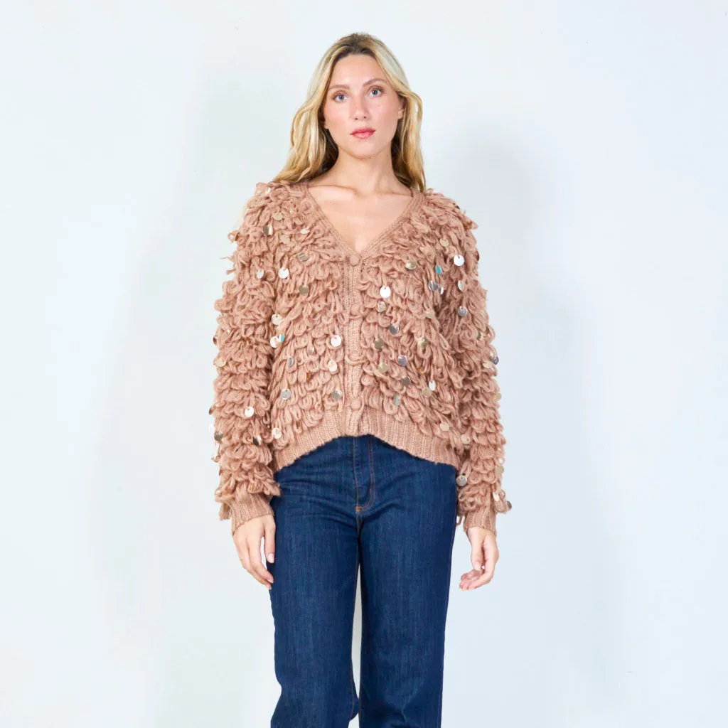 Textured open-front cardigan with sequins wholesale