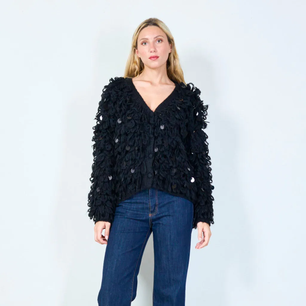 Textured open-front cardigan with sequins wholesale