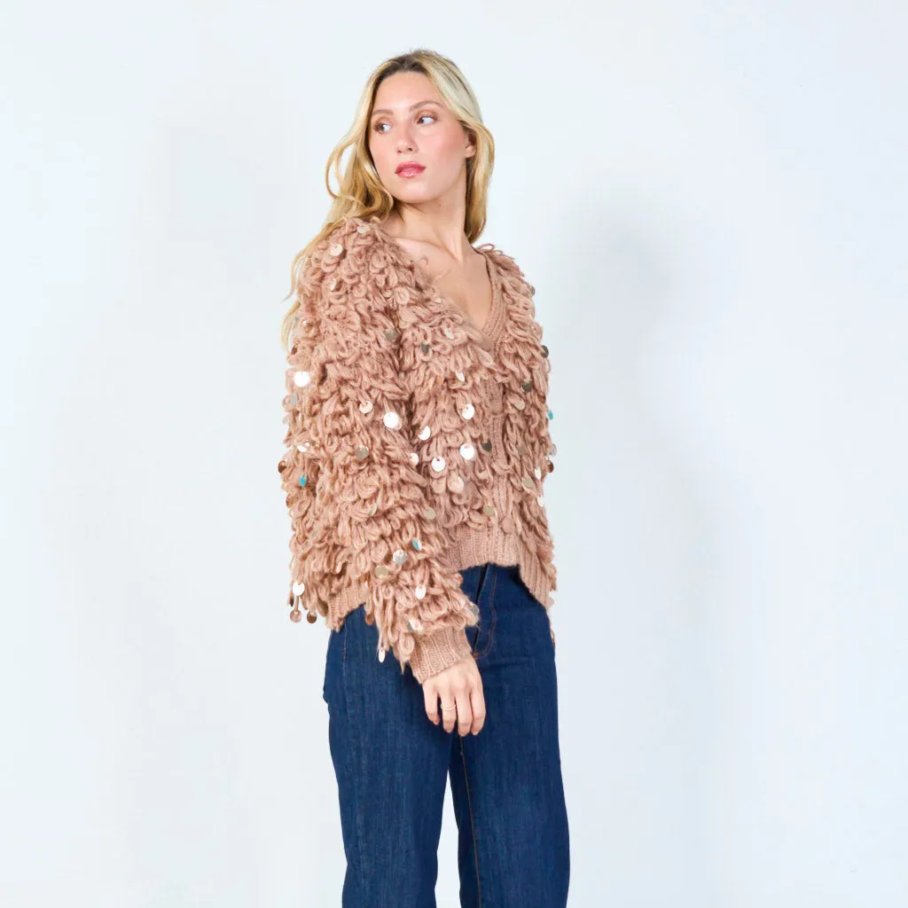 Textured open-front cardigan with sequins wholesale