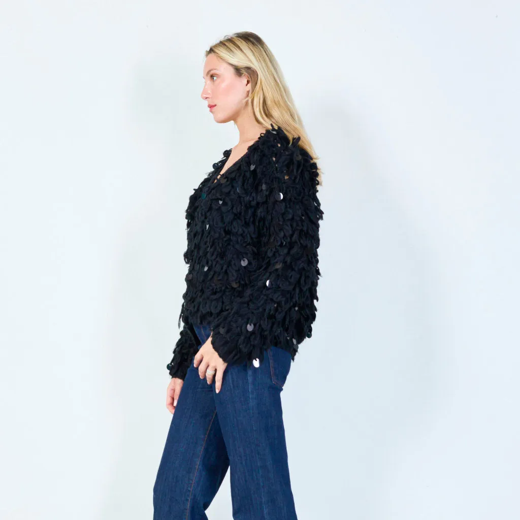 Textured open-front cardigan with sequins wholesale