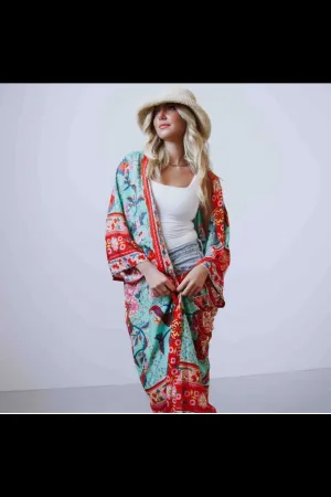 The Tie Front Boho Chic Teal Floral Kimono