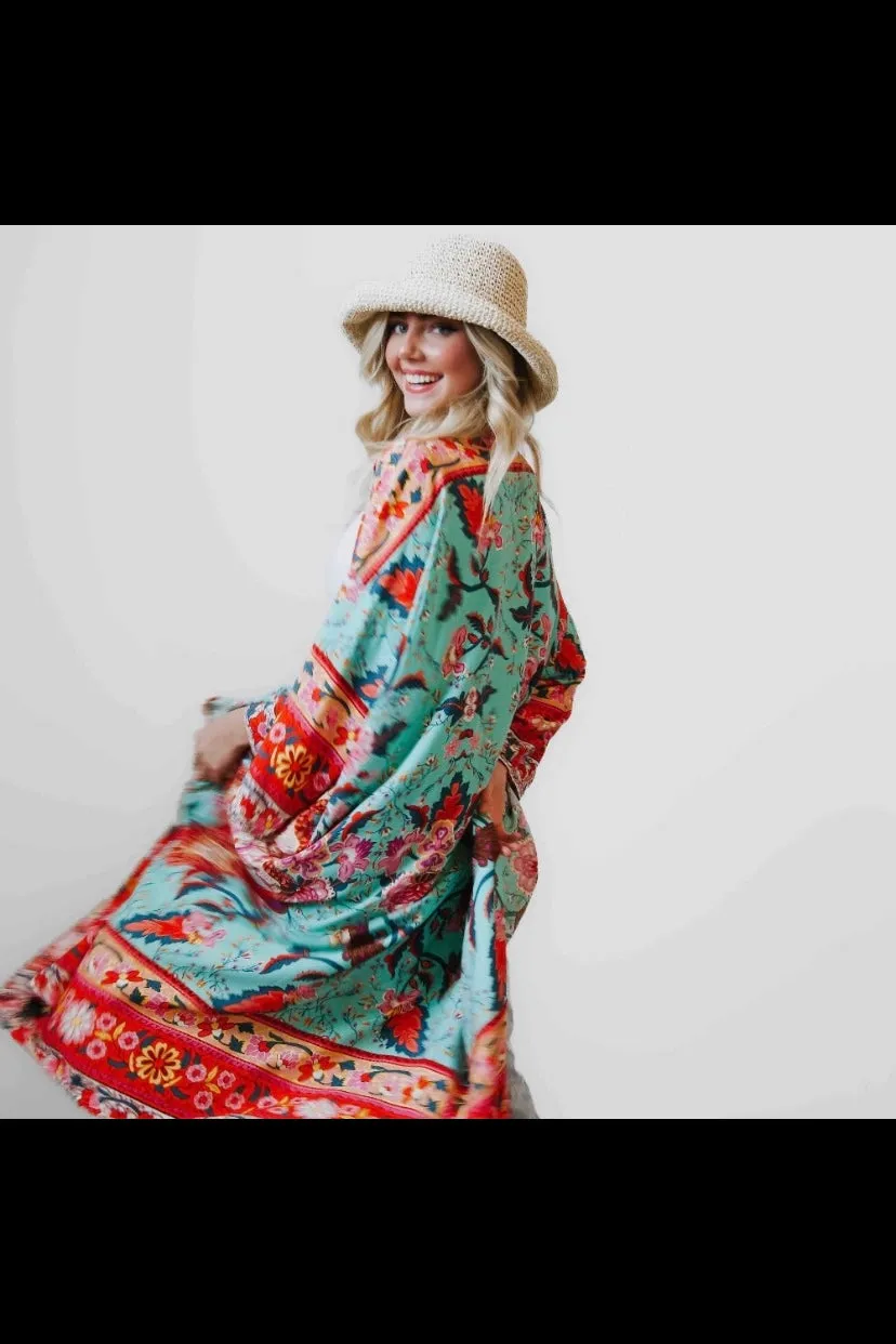 The Tie Front Boho Chic Teal Floral Kimono