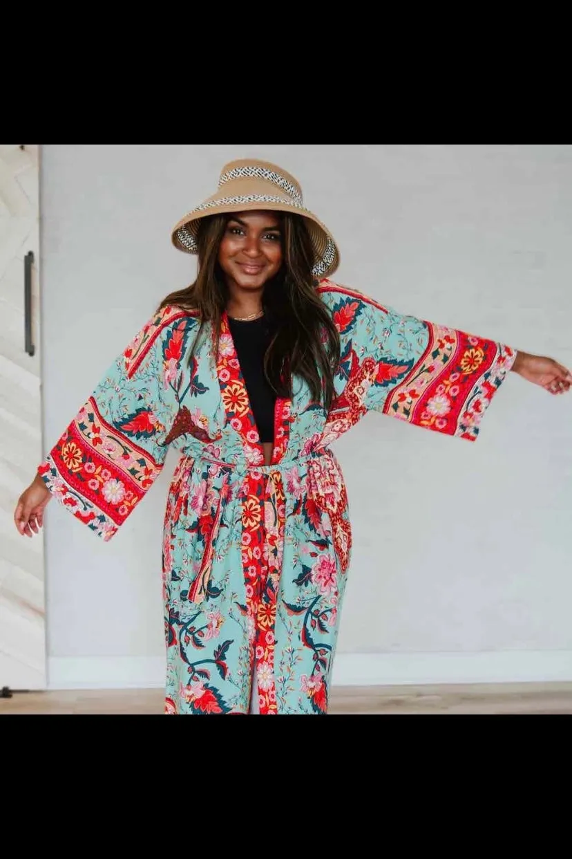 The Tie Front Boho Chic Teal Floral Kimono