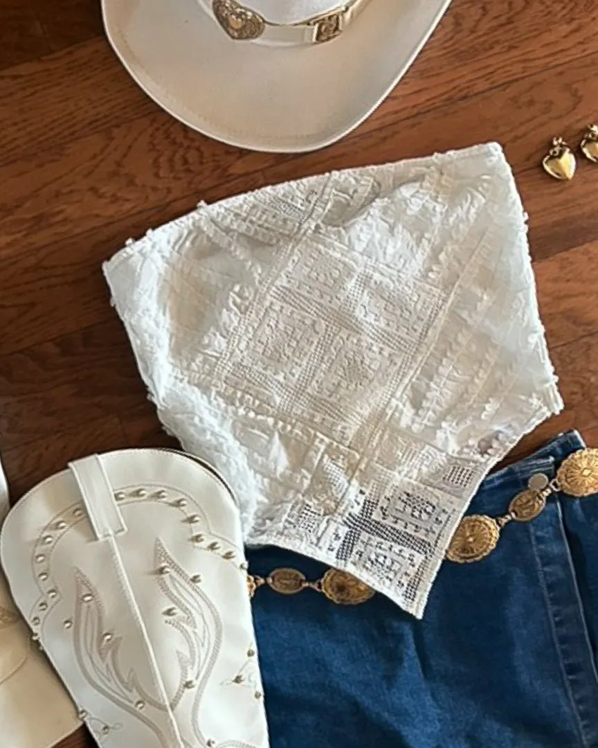 White Crochet Lace Smocked Bandana Top