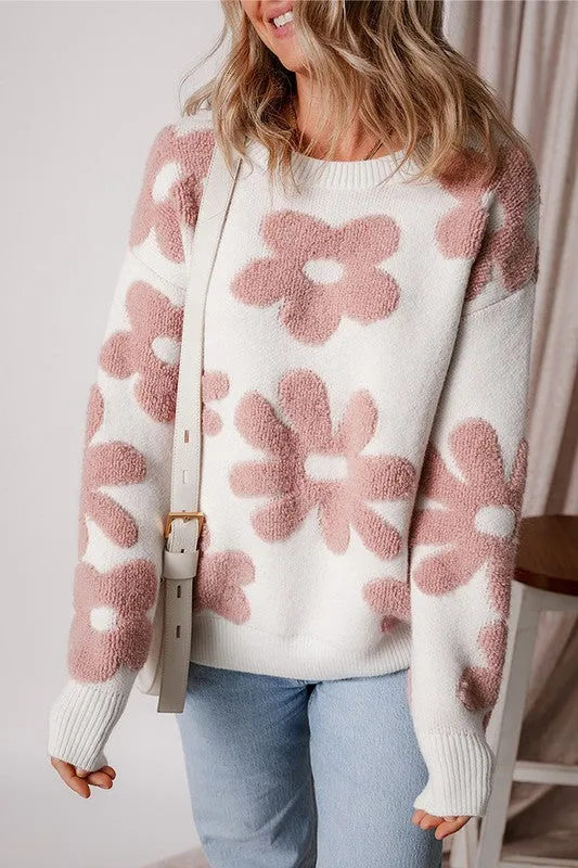 White Flower Drop Shoulder Loose Fit Sweater
