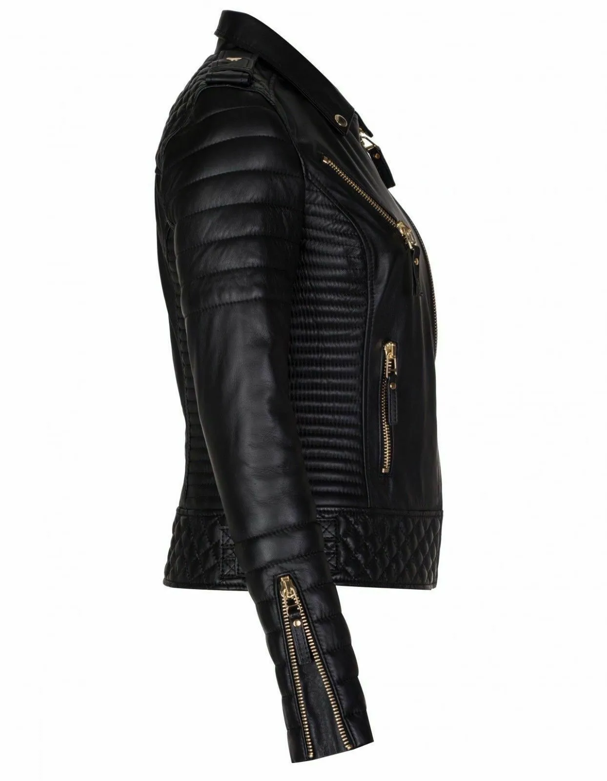 Women Biker Diamond Black Quilted KAY MICHAEL Leather Jacket
