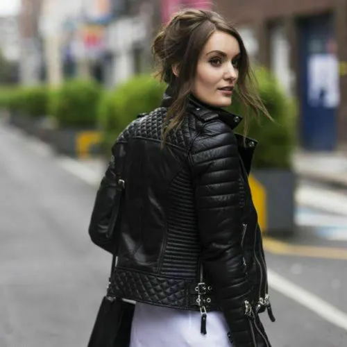 Women Biker Diamond Black Quilted KAY MICHAEL Leather Jacket