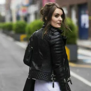 Women Biker Diamond Black Quilted KAY MICHAEL Leather Jacket
