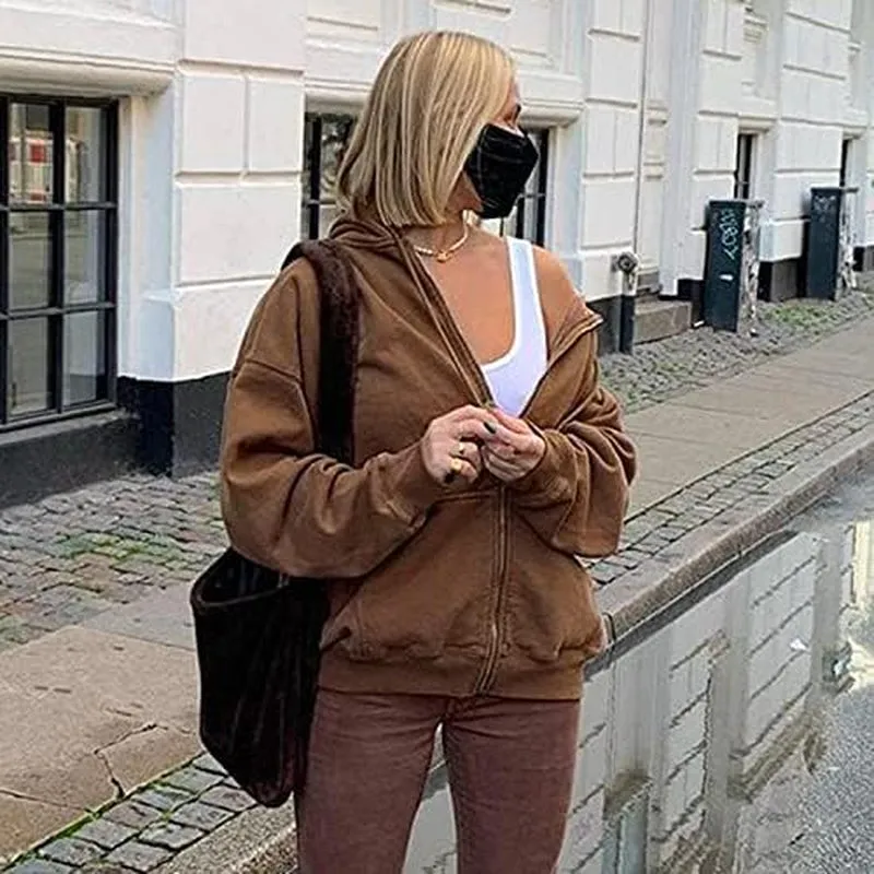 Women Graphic Printed Hoodie Pullover Zip up Oversize Sweatshirt Long Sleeve Hooded Drawstring Jackets(B Brown,L)
