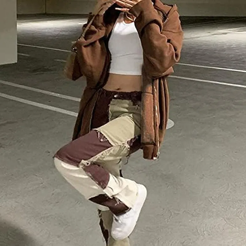 Women Graphic Printed Hoodie Pullover Zip up Oversize Sweatshirt Long Sleeve Hooded Drawstring Jackets(B Brown,L)