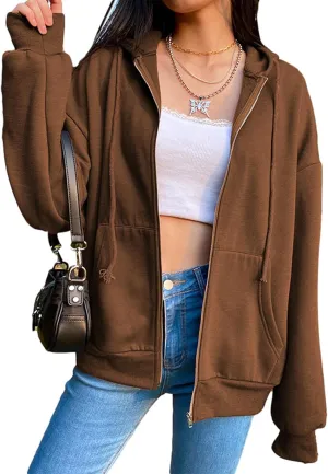 Women Graphic Printed Hoodie Pullover Zip up Oversize Sweatshirt Long Sleeve Hooded Drawstring Jackets(B Brown,L)