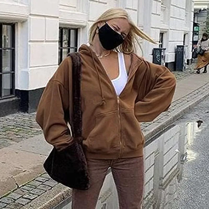 Women Graphic Printed Hoodie Pullover Zip up Oversize Sweatshirt Long Sleeve Hooded Drawstring Jackets(B Brown,L)
