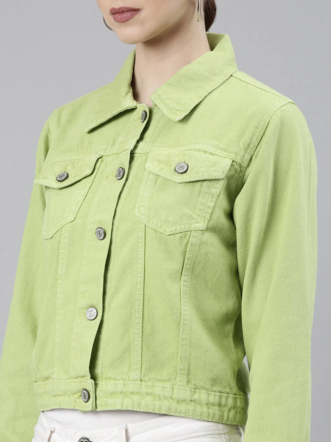 Women Lime Green Solid Denim Jacket