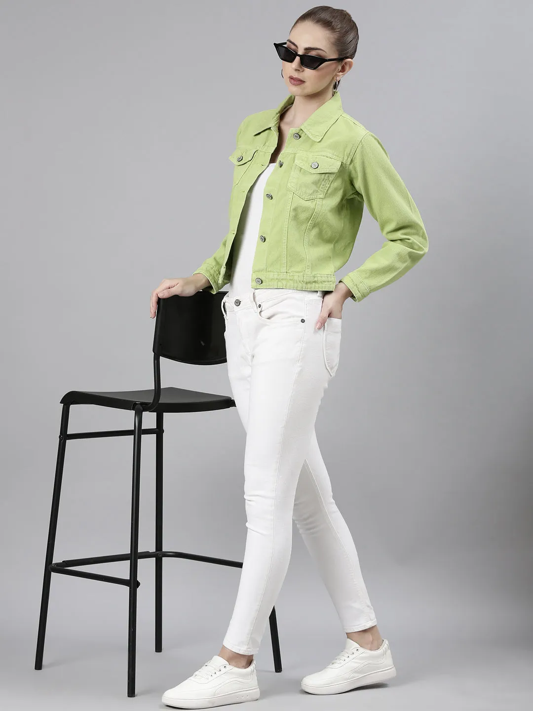 Women Lime Green Solid Denim Jacket