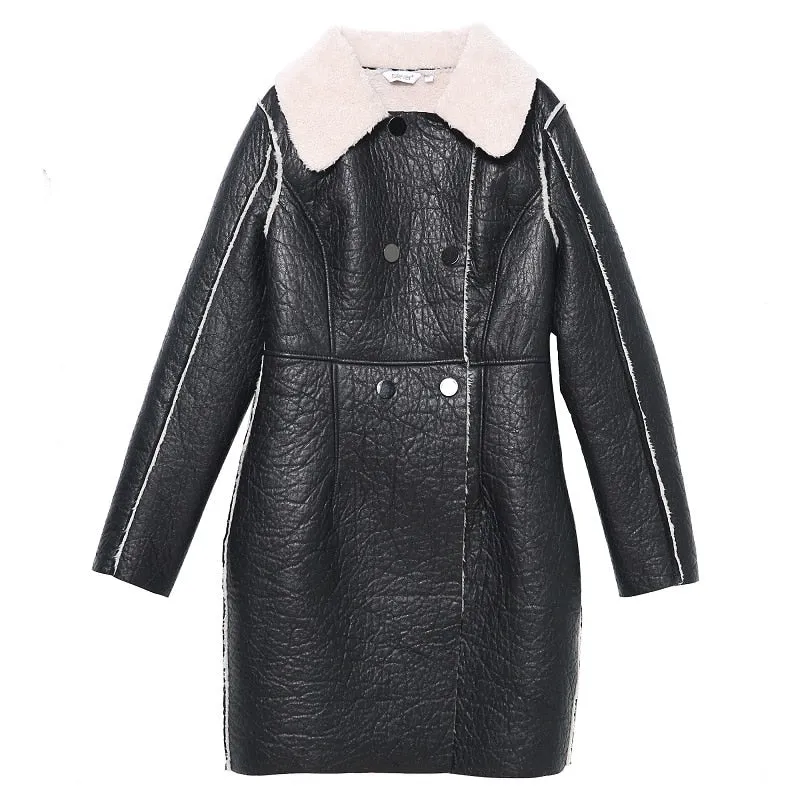 Women Winter Warm Leather Jackets Female Casual Black Faux Fur Long Coat Women's Slim Outerwear Lady Autumn PU Jackets Talever
