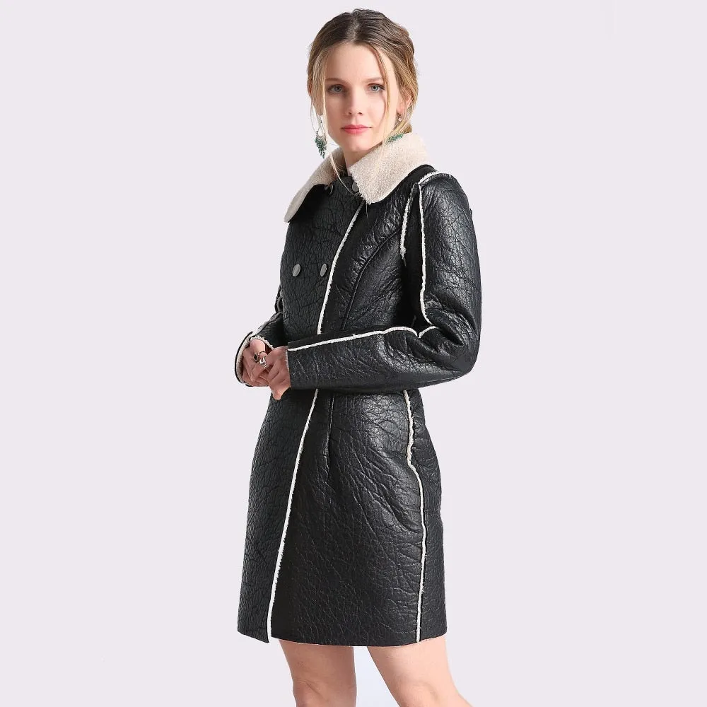 Women Winter Warm Leather Jackets Female Casual Black Faux Fur Long Coat Women's Slim Outerwear Lady Autumn PU Jackets Talever
