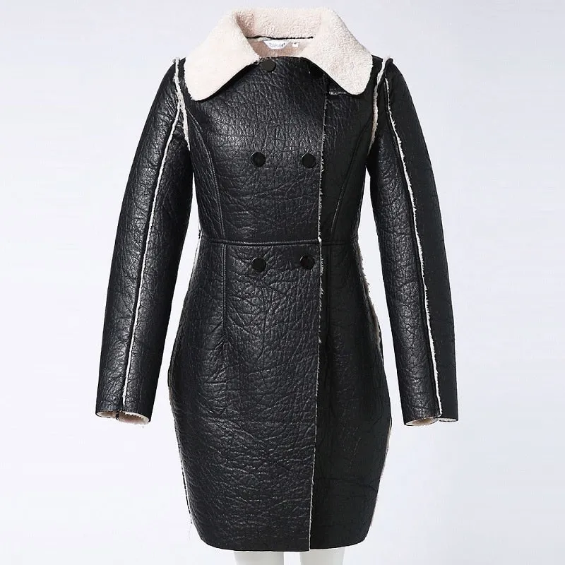 Women Winter Warm Leather Jackets Female Casual Black Faux Fur Long Coat Women's Slim Outerwear Lady Autumn PU Jackets Talever