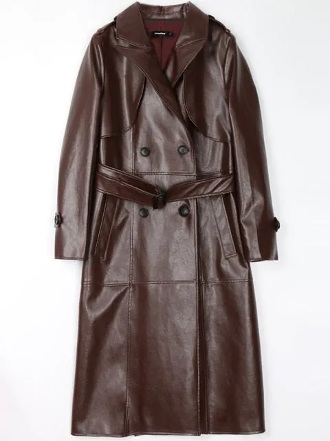 Women's PU Leather Trench Coat Fashion Designer Jackets (Plus Size)