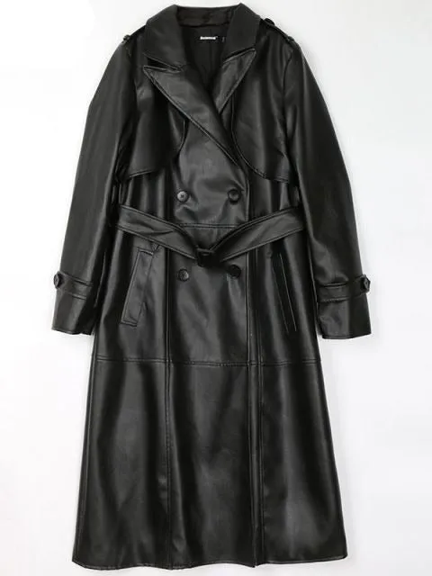 Women's PU Leather Trench Coat Fashion Designer Jackets (Plus Size)