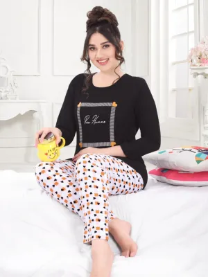 Women's Soft Long Sleeve Printed Cotton Black And White Pajama Set