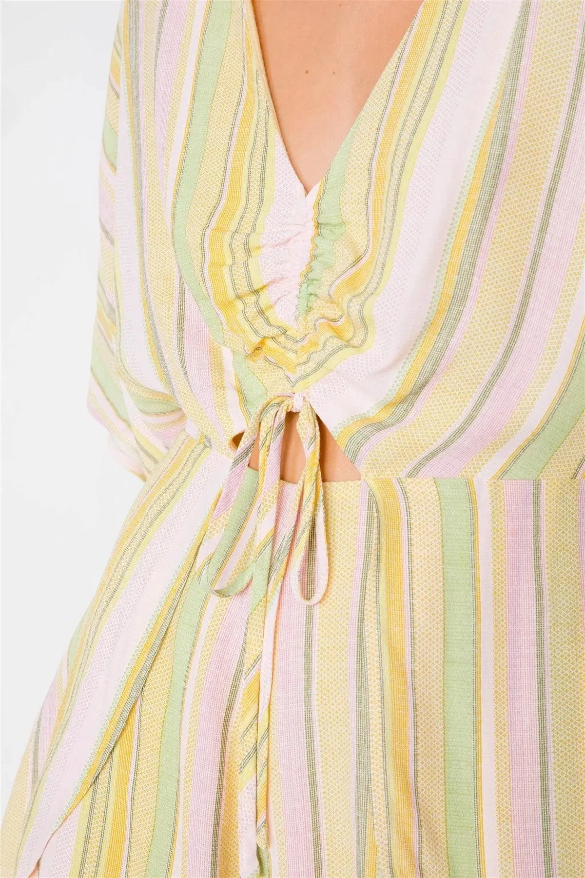 Yellow Multi Boho Stripe Print Cut-Out Kimono Sleeve Romper /3-2-1