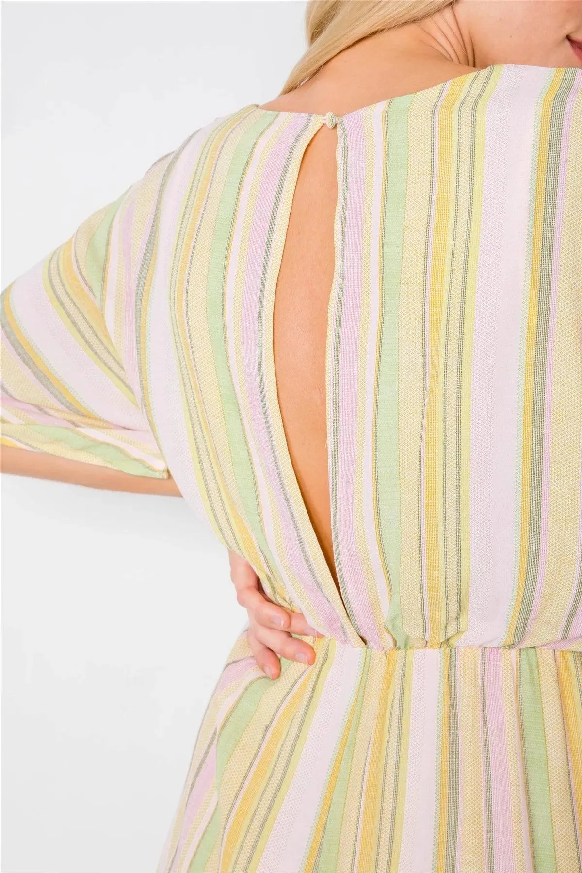 Yellow Multi Boho Stripe Print Cut-Out Kimono Sleeve Romper /3-2-1