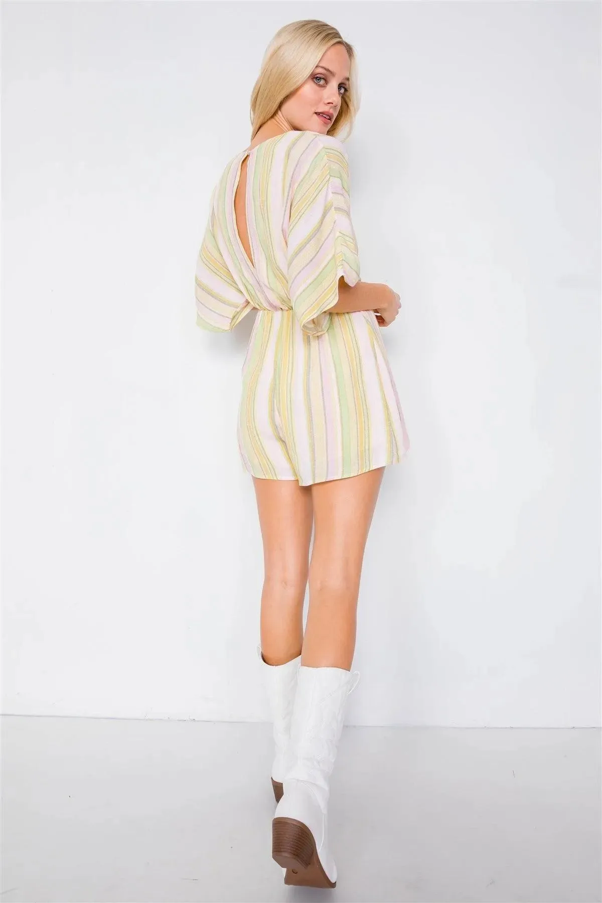 Yellow Multi Boho Stripe Print Cut-Out Kimono Sleeve Romper /3-2-1
