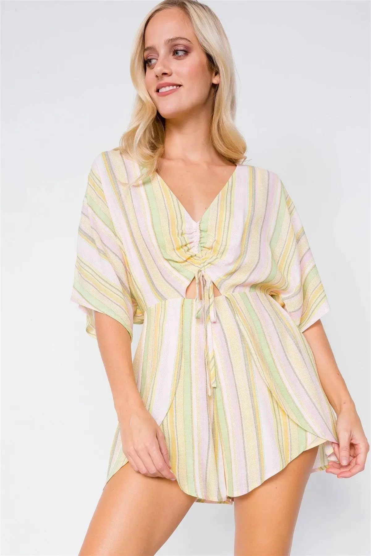 Yellow Multi Boho Stripe Print Cut-Out Kimono Sleeve Romper /3-2-1